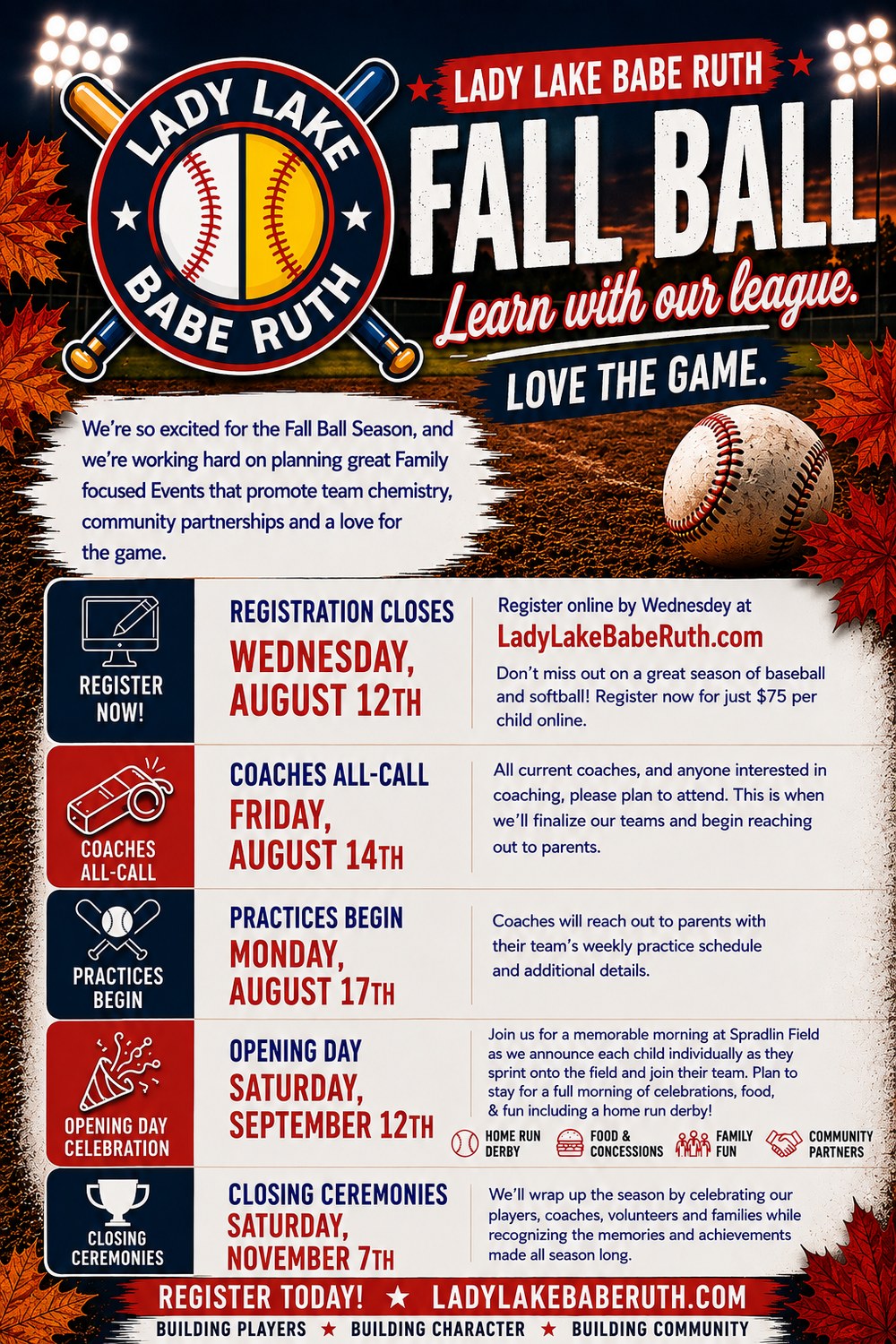 Lady Lake Babe Ruth Fall Ball — registration closes August 12th, $75 per child