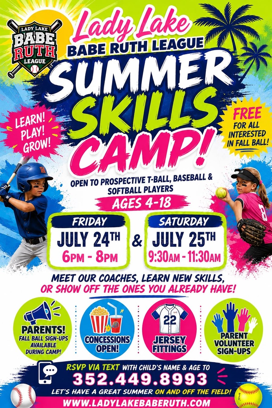Lady Lake Babe Ruth Summer Skills Camp flyer